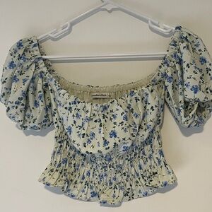 Abercrombie & Fitch Cream Off-Shoulder Blue Floral Smocked Crop Top
